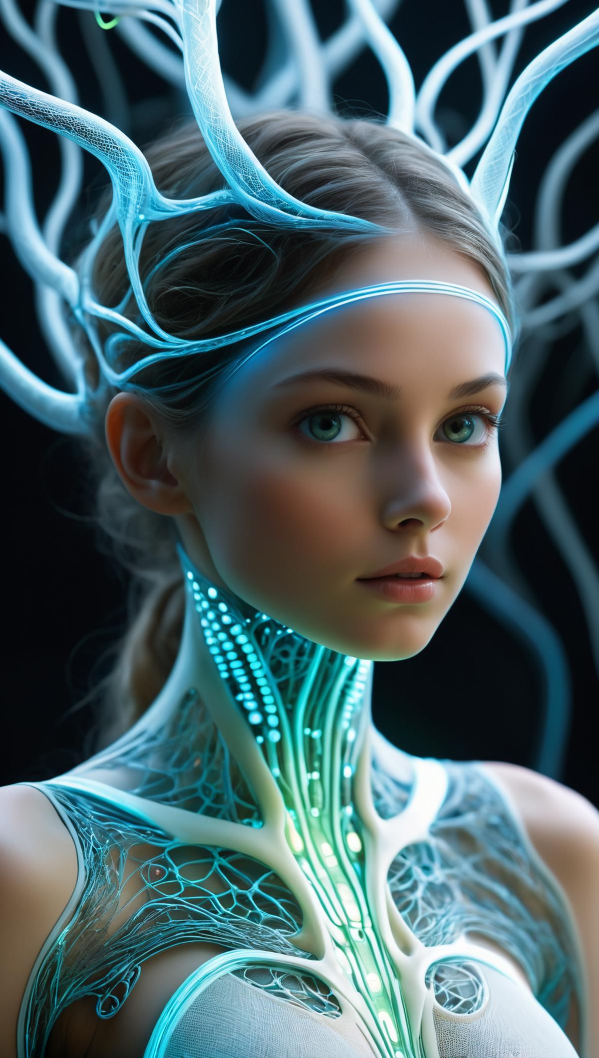 Illustration of a woman with a futuristic outfit and a blue light necklace.