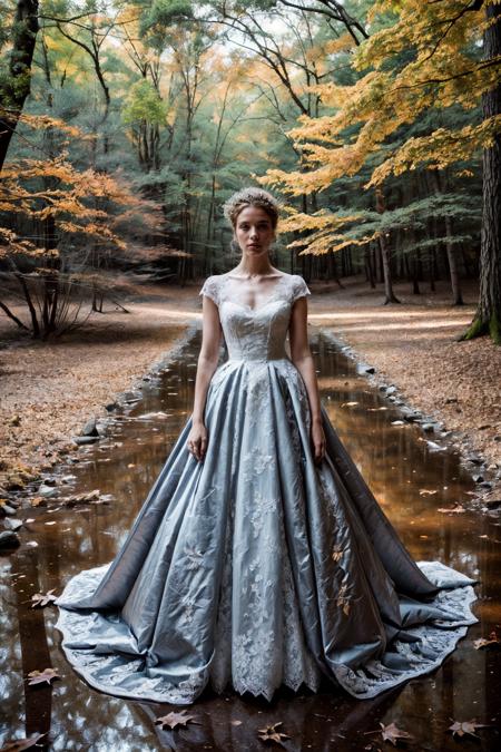 breathtaking, nature, dgtlv2, 8k,((oak forest)),lose leaves,streams,representational,Focusing. <lora:add_detail:0.7>,1girl, fashion editorial,Victorian age white blue gold Lace newlyweds,<lora:SteamPunkMachineryv2:0.4>,depth of field