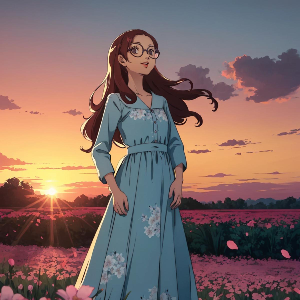 Anime girl standing in a field of flowers at sunset.