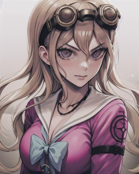 Iruma Miu/(danganronpa/), bank ultra-detailed, masterpiece, illustration, 8k, masterpiece world theater, realistic shadows, portrait, wind, gradient, googles on head, volumetric lighting, cute, ambient lighting, colorful, glowing particles, beautiful detailed eyes <lora:IrumaMiuDanganronpaV1:0.7>