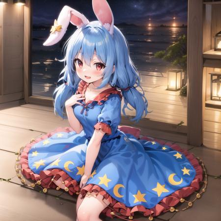 (masterpiece), best quality,1girl,seran,dress,seiran (touhou),frilled dress,blue hair,Rabbit ears,red eyes,twintails,low twintails  ,ear tag<lora:SeiranTouhouProject_v011:0.8>