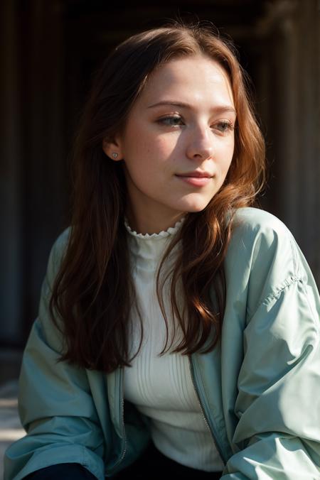 (closeup faceshot:1.4) Portrait of pretty young (18-year-old)white skin Caucasian (futurapristine4675v5) ((Crossed legs, leaning forward with a mysterious smile.:1.07)), (flat chest:1.15), outdoor, BREAK (ginger Graceful side-parted waves: Soft and flowing waves with a deep side part, creating a graceful and sophisticated look fit for any high-class occasion.), no makeup, long dainty necklace, ((high neck top and big puffer jacket)) , <lora:epi_noiseoffset2:1> BREAK (magazine cover:1.10), BREAK (masterpiece, extremely detailed skin, photorealistic, heavy shadow, dramatic and cinematic lighting, key light, fill light), sharp focus, BREAK location is (outdoor Niagara Falls, Canada and USA), <lora:ClothingAdjuster3:-0.5>