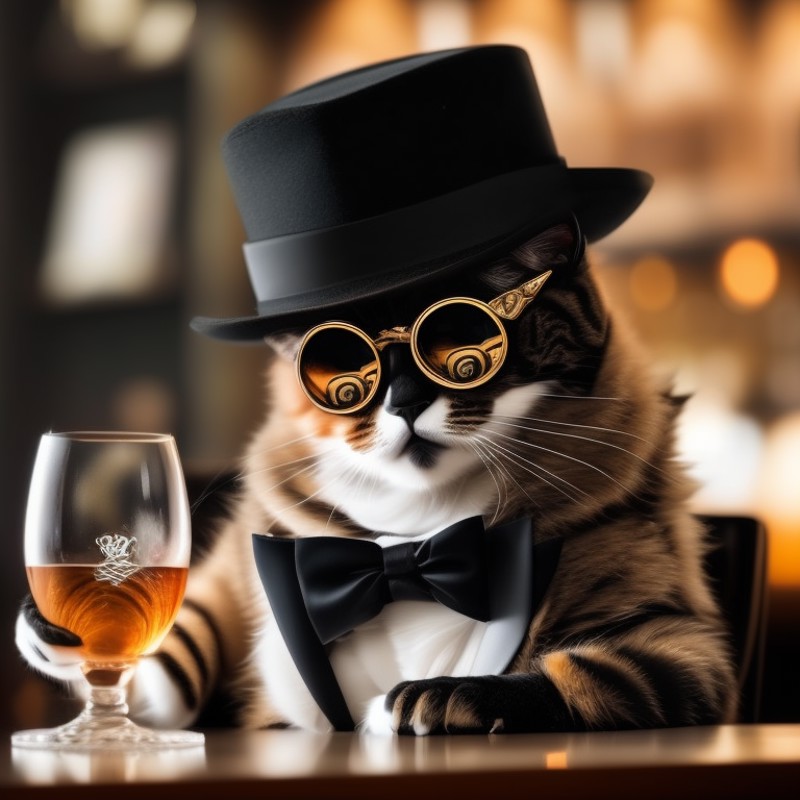 a cat mafia boss with glass and a hat, photo, Catstravaganza