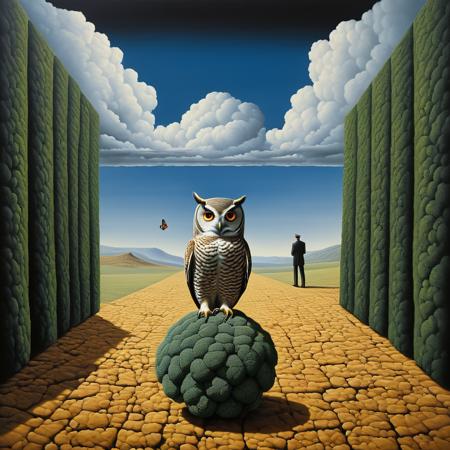 Surrealist art  <lora:FF-Style-Rafal-Olbinski.LORA:1> in the style of rafal oblinski, a collage of paintings with a lonely man, an owl and a broccoli, the absurdity of love in a loveless world full of clowds and waterwalls. hyperdetailed, oblinski painting, expanded surrealism, neosurrealism, pop surrealism, surrealist art, perfect composition, abstract, innovative, dreamlike, mysterious, provocative, symbolic, intricate, detailed, revolutionary masterpiece