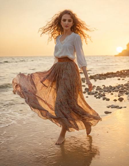 Elza, a bohemian woman with womanly grace, dons her bohemian chic attire made of flowing skirts and carefree hair, strolling effortlessly along the vibrant beachfront as the sun sets; she basks in the warm golden glow of the fading light while taking her time to pose gracefully and casually throw a pebble into the tranquil water, capturing an ethereal moment that leaves viewers yearning for similar experiences of freedom and relaxation. <lora:zssmrm18f9c67e037i990:1>