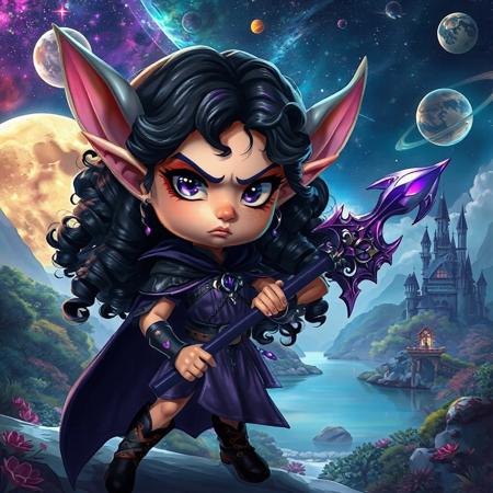 1girl, fantasy elf, long fantasy elven ears, natural lighting, realistic style, round cheek bones, full lips, small mouth, small nose, round face, black velvet boots laced with leather straps, petite, ((very thin waist:1.5)), body shaped like hourglass, long curled black hair with purple highlights, purple eyes, pupils showing, colourful planets and moon and stars and space in the background, a tome, zoomed out, full veiw, a purple elven metal armor, wearing a purple magical staff, long black cloak, hyperealistic, fantasy castlle sitting in a magical jungle in the background, a lake in the background, cute face, purple dress, angry look on her face,