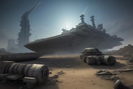 a space pirate battleship among the ruins of an advanced, futuristic city