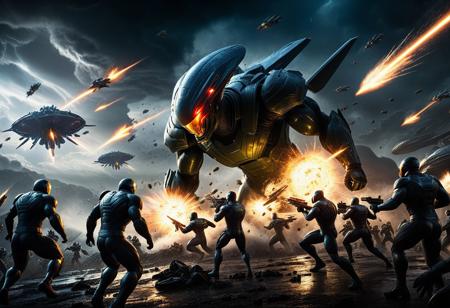 Concept Art, A cinematic scene of supersoldiers and superheroes fighting an alien army in a stormy sky, with intense explosions and energy blasts, dynamic aerial combat, and dramatic lighting, set in a dark and moody, metallic futuristic world, SCI-FI