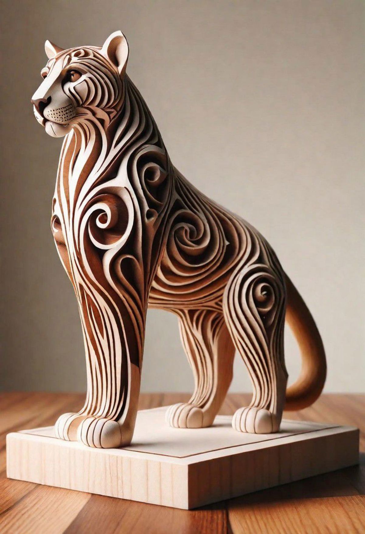A wooden sculpture of a lion on a wooden block.