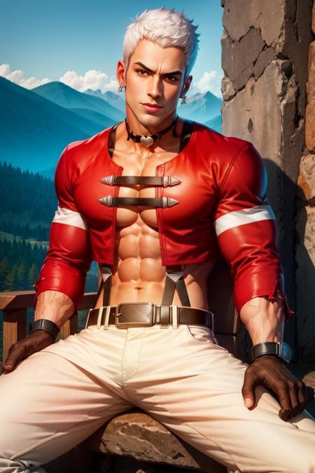 YashiroKOF, 1guy, white hair, earrings, choker, red jacket, white pants, belt, brown gloves, suspenders, siderburns, mountains, sitting, highly detailed, high contrast , digital colors, bright colors black pants, perfect face, looking to viewer  <lora:YashiroKOF:1>   best quality, masterpiece, highres, perfect picture, highly detailed, high contrast , colored, bright colors