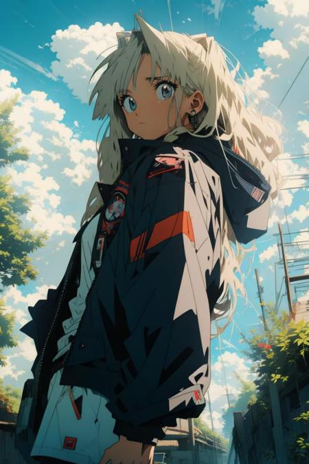 1girl,anime, jacket,sky