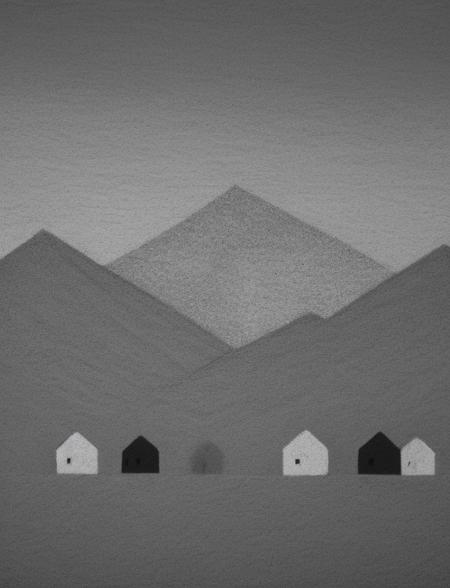 no humans,chalk  sketch,monochrome,calm atmosphere,a mountain village,(dusk:1.2),(flock of sheep:0.8),minimalism,geometric features,
