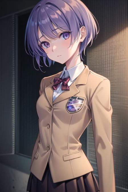 ayasekishimoto, <lora:ayasekishimototest:1>,
ayase kishimoto, short hair, purple eyes, purple hair,
BREAK skirt, school uniform, jacket, pantyhose, black pantyhose, blazer, (brown blazer:1.2), (brown jacket:1.2),
BREAK looking at viewer,
BREAK indoors, classroom,
BREAK <lora:GoodHands-vanilla:1>, (masterpiece:1.2), best quality, high resolution, unity 8k wallpaper, (illustration:0.8), (beautiful detailed eyes:1.6), extremely detailed face, perfect lighting, extremely detailed CG, (perfect hands, perfect anatomy),