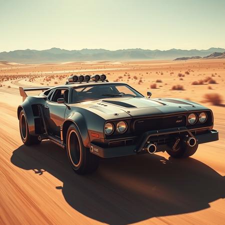 madmax ciberpunk style sport car in the sunny desert, runnning high speed,