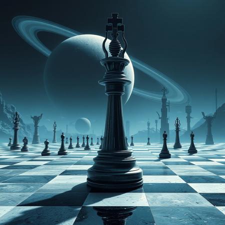 This steampunk digital artwork features a surreal and futuristic chess scene. The central focus is a colossal king chess piece, intricately designed with a metallic and mechanical texture, standing prominently on a vast black and white chequered plain. Other chess pieces are scattered across the landscape, appearing smaller in comparison to the central king. In the background, tall fantastic mechanical structures, dot the horizon. A giant ringed planet casts its light giving a colour scheme dominated by shades of blue and black, creating a cosmic and otherworldly atmosphere. The image combines steampunk with elements of science fiction and fantasy