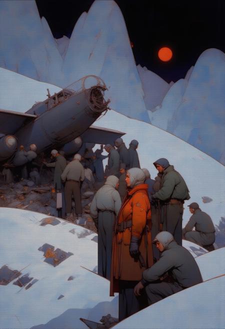 Steve McDonald Art. This image is a digital painting with a stylized, geometric approach, featuring A Warld War Two (((Douglas A 26 Invader))) bomber wreckage in the mountains, surrounded by fewer rescuer. The scene should depict the harsh, snowy environment of the Alps mountains. The bomber plane is visibly damaged, mostly in pieces, and its fragments are scattered all over and partially covered in snow. A small group of rescuers is huddled together near the wreckage, dressed in warm clothing to protect against the cold. Some of them are examining the wreck, others are looking for fragments in the snow around the plane. The overall mood is one of desolation and struggle, highlighting the survivors' plight in the remote and unforgiving landscape. The camera angle is slightly tilted downward, emphasizing the woman's determination and the perilous walk. The scene is lit with cool tones, amplifying the icy and treacherous atmosphere. The image exudes a sense of solitude and melancholy, with a hint of mystery and the passage of time. Dramatic light and shadows. The scene is bathed in dim, atmospheric light, with washed-out sunset reds and blacks creating a adventurous and moody aesthetic. the overall atmosphere of the image is tense and dramatic, suggesting a scene from an adventure or action movie. the photograph captures a moment of high stakes and urgency. <lora:Steve_McDonald:1.25>