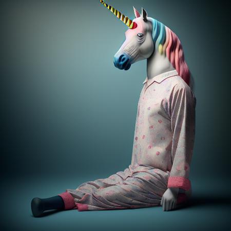 a surrealist sleepyheaded unicorn wearing pajamas inspired by Davegore and Yves Tanguy and Kahn Nova and Mark Ryden, muted colors, 128k, photorealistic, Houdini 3d, extremely intricate, ultradetailed, cinematic lighting, epic composition ,     <lora:LilYunicorn2-10:1>