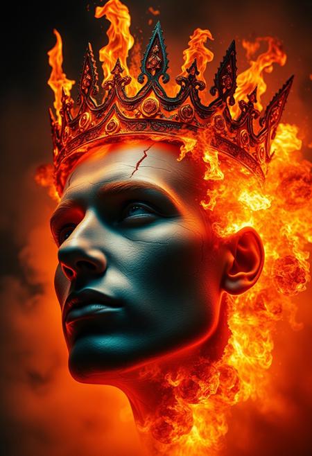 High-angle volumetric lighting: Surreal face merging with fiery explosion. Calm expression, fractured skin with glowing veins. Crown erupts in flames and shards, smoke and embers. Elevated view, light beams through fog.