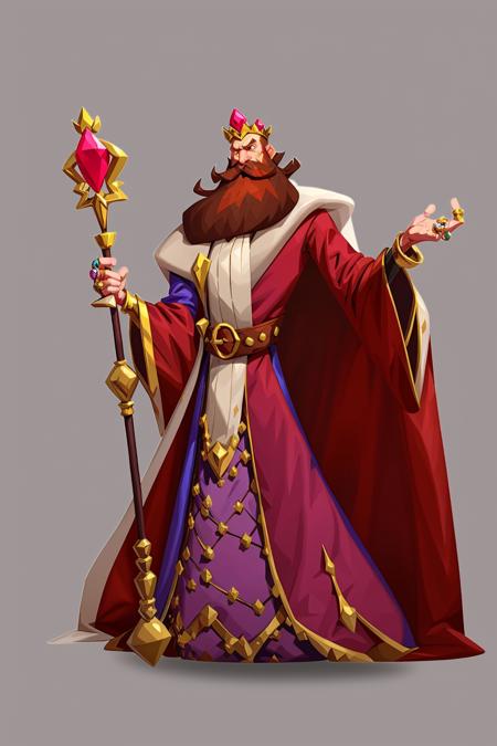 Concept art, European and American cartoons, game character design, beard, facial hair, male focus, ring, solo, 1boy, jewelry, staff, grey background, holding, crown, gem, brown hair, simple background, robe, full body, belt, standing, holding staff, cape, wide sleeves, mustache, long sleeves,<lora:oukaV5:0.8>,