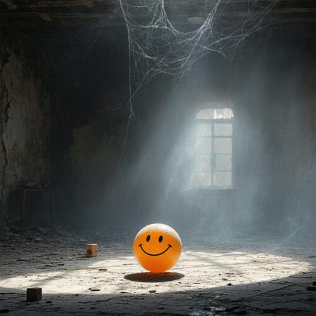 Extreme low-angle, worm's-eye view: a luminous ping-pong sphere, crudely drawn smiley face, hovers, slowly rotating. Monumental against a dust-choked, cobweb-strewn abandoned playroom, subtly blurred background. Cinematic lighting by Darius Khondji, Magritte-esque surrealism; dramatic chiaroscuro, shallow depth of field. Muted desaturated umbers and greys, pierced by the sphere's vibrant orange glow. Single overhead spotlight casting long, eerie shadows. Smooth scuffed plastic, brittle wood, silken cobwebs. Unsettling nostalgia, playful menace. Motes of dust dance in the light beam; a forgotten toy block in deep shadow.