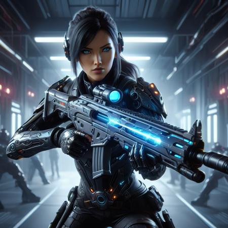 a realistic action shot of a female fantasy game cyborg wielding a glowing futuristic assault rifle aiming at the camer, futuristic labb in background, HD, masterpiece, best quality, hyper detailed, ultra detailed,