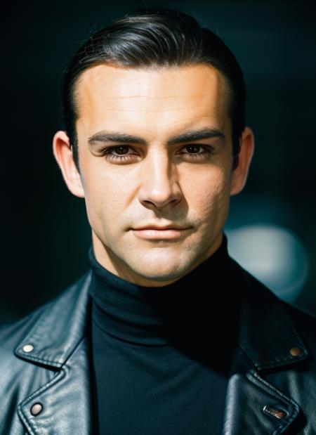 ( <lora:SeanConneryBond:1>) a close up Portrait photo of (scb1) man with dark hair, Detailed face, (perfect eyes), (highly detailed skin:1.1), perfect body, wearing a ((Black Turtleneck, Slim-Fit Pants, Leather Biker Jacket, )), Modelshoot style, Professional Photography, soft lighting, PHOTOREALISTIC, Realistic, standing in a dark studio background, blurred background, volumetric fog,. RAW, analog style, sharp focus, 8k, HD, DSLR, high quality, Fujifilm XT3, film grain, award winning, masterpiece,