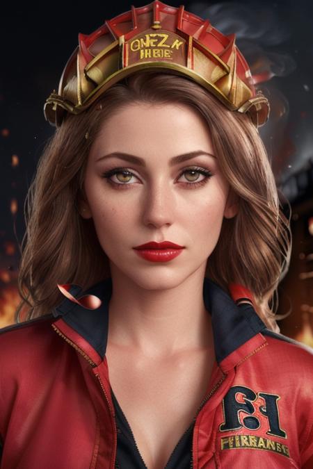 photo of <lora:diorabaird-04:0.7>, diorabaird, a woman, (burning house, at night), ((fireman suit, fireman helmet, fireman jacket):1.2), ((closeup, portrait):1.1) ((best quality, masterpiece):1.2), ((red lips, eye shadow, eyeliner):1.1), (photorealistic:1.2) (best quality) ((detailed eyes, detailed face):1.2)(intricate details) (8k) (HDR) (cinematic lighting) (sharp focus), closeup