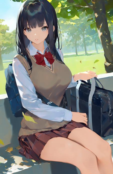 masterpiece, best quality,1girl, solo, shirt, bag, sweater vest, sitting, collared shirt, long sleeves, black hair, tree, parted lips, bangs, white shirt, looking at viewer, skirt, school uniform, outdoors, medium hair, grey eyes, breasts, leaf, long hair, school bag 
////////, <lora:reikoXL128dim-000101:1>