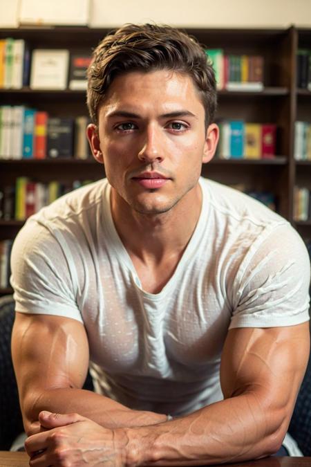 ((masterpiece)), ((best quality:1.2)), High Resolution, 8k, (ultra_realistic:1.3), (photorealistic:1.4), (instagram model, handsome:1.2), sharp focus, a photo of (nicktopelkm), wearing white vneck shirt, in a library reading books, bookshelf in the background, teacher, classroom, ((looking at viewer)), <lora:NickTopelKM:0.8>