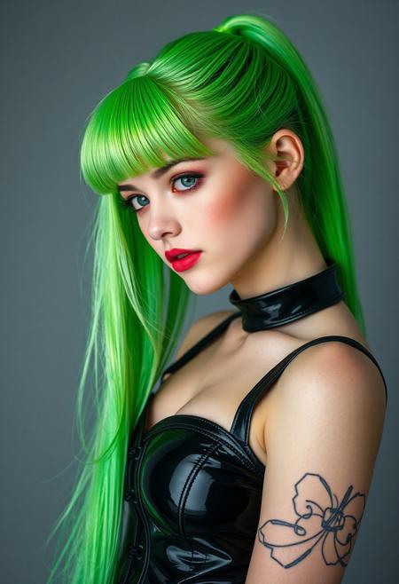 score_9, score_8_up, score_7_up, score_6_up, score_5_up, score_4_up, 1woman, RAW photo, (freckles:0.8), long ponytail, neon green hair, medium close-up shot side view, latex corset (busty 44d:1.5), extremely detailed, beautiful detailed green eyes, full lips, pale skin, neutral expression, neutral gray background, studio lighting , in the style of (kyuYong Eom:1.0)