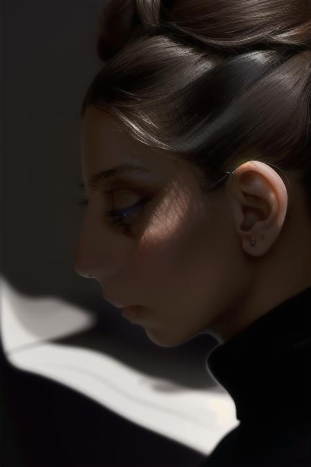 lora_sarafyan_girl,  <lora:lora_sarafyan_girl_01:1>, a woman in a black sweater and  bun,  profile, medium shot,