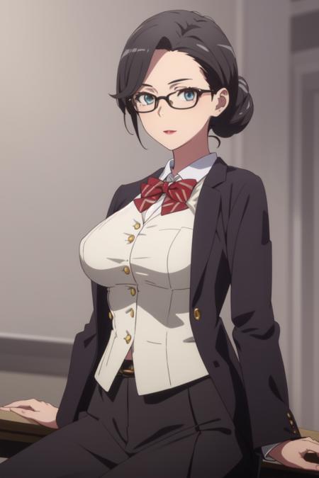 (masterpiece),best quality,Amazing,finely detail.Depth of field,(beautiful detailed eyes),<lora:mrsyukinoshita2-000011:0.7>,mrsyukinoshita,nude,cowboy shot,teacher,suit,uniform,glasses,large breasts,sfw,