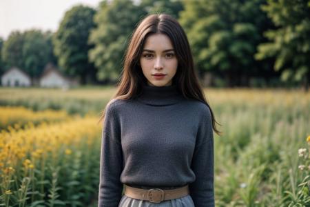 35mm film, one pretty european girl, solo, supermodel, brown hair, long wavy hair, pale skin, slim eyebrows, perfect face, small nose, blue eyes, symmetric thick lips, big tits, nice breasts, cleavage, necklace, jewelry, blue lace dress with a belt, looking at viewer, slightly smiling, a breath taking flower garden view, offering panoramic views of majestic and sweeping flower blooming fields, cottage house, summer garden, summer house, natural light, full body, epiCPhoto, <lora:pytorch_lora_weights:0.5>, <lora:picxer_real:0.7>, <lora:FilmVelvia3:0.3>, <lora:more_details:0.6>