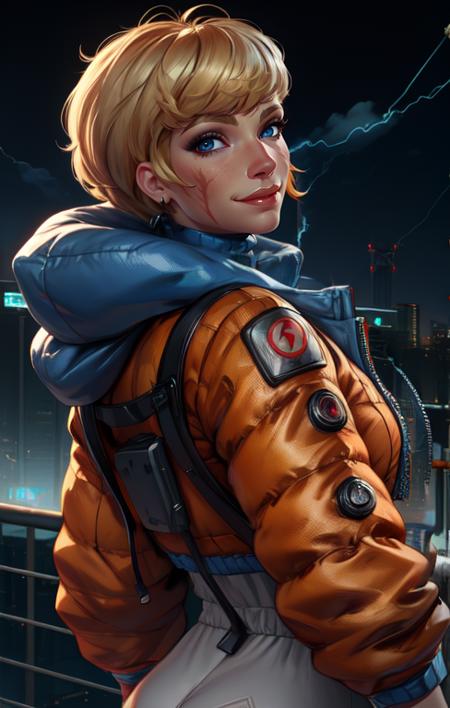 wattson,  blue eyes,  scar on left cheek,  blonde hair, 
 looking at viewer,  smile, 
turtleneck,  white Jumpsuit,  orange jacket, 
standing, facing viewer,  
cyberpunk, electricity,  electric fence, 
(insanely detailed, beautiful detailed face,beautiful detailed eyes, masterpiece, best quality),
 <lora:wattson:0.8>