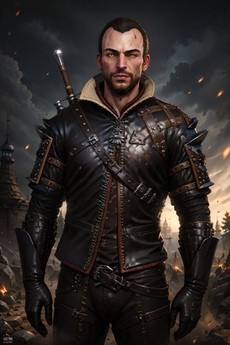 (masterpiece, top quality, best quality, official art, detailed:1.2),  <lora:lambert-20:0.7>, lambertW3_soul3142, solo, black hair, gloves, 1boy, yellow eyes, male focus, armor, facial hair, scar, shoulder armor, beard, scar on face, realistic, manly, leather