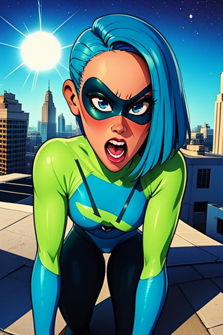 Voyd,blue hair ,dark skin,blue eyes ,short hair,  solo,  buck teeth,   close up, mouth open mouth,   ass, 
VoySui, black domino mask, multicolored ,bodysuit, boots, skin tight, green sleeves,  
  stars,  city,  on roof, 
(insanely detailed, beautiful detailed face, masterpiece, best quality) cinematic lighting,
 <lora:Voyd-10v3:0.8>