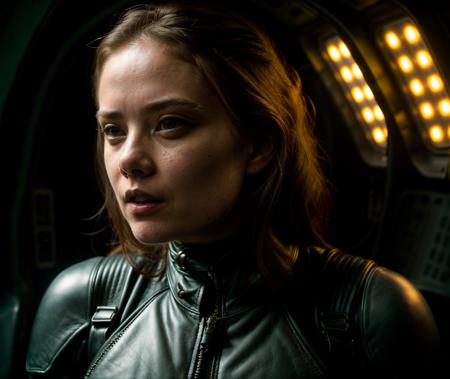 Photography, young woman in a spaceship, leather suit, sci-fi, looking at something, horrified, lifelike skin texture, skin pores, led light, cinematic, still from an hollywood movie, best quality, high res, detailed  <lora:MadiASMR_33B:0.85>