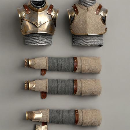 hyper-realistic, Realism, HDR, detailed, warior style armor covered in gray wool (beige cotton ), simple gray background