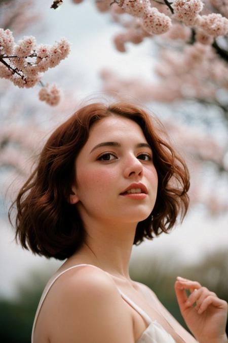 photograph of a chubby cute Irish girl, redhead, innocent, sakura petals in the air, Porta 160 color, shot on ARRI ALEXA 65, bokeh, sharp focus on subject, shot by Don McCullin, nsfw