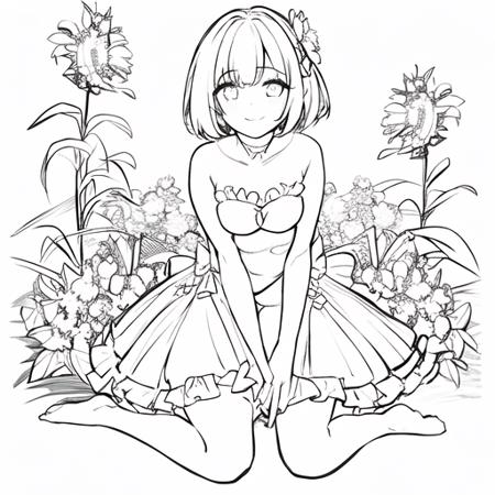 <lora:animeLineartStyle_v20Offset:1:ALL>, solo,1girl, full body, kneel bentover, medium breasts, cleavage,  spread legs, cover,  ((bob_cut)) , black and white, monochrome, masterpiece,highres, absurdres, best quality, (white background) ,waving hand, v, light smile,bare thigh ,one-piece swimsuit,strapless, galaxy eyes,long_hair, looking_at_viewer, bangs, skirt, dress, bow, holding, closed_mouth, flower, frills, hair_flower, petals, bouquet, holding_flower, center_frills, bonnet, holding_bouquet, lineart,<lora:csb5_reg:1:OUT9>, <lora:csb5_reg:1:OUTK>, <lora:csb5_reg:1:OUT10>,