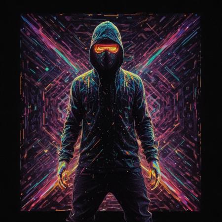 Illuminated ninja in the style of golden glitched rainbow. Snow is falling as holographic colored baroque geometric patterns float around the canvas in the style of colorful digital art. The image has a cyberpunk aesthetic with a glitchy distortion and psychedelic color palette. Black background, neon lights, glitch art, surrealism, high contrast, vibrant colors, psychedelic patterns, ethereal glow. The overall mood should be one of spiritual contemplation and otherworldly beauty. It's like something in the style of science fiction.