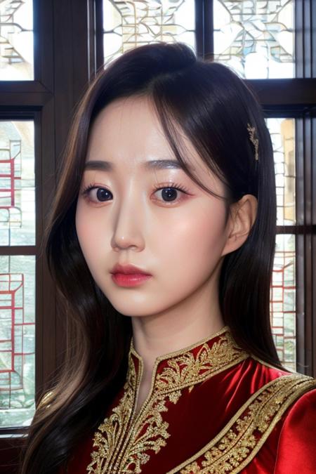 a nmixxhaewon, perfect eyes, elegant royal dress, window, (ultra realistic:1.4), (standing in castle room:1.1), (close-up photo:1.5), (masterpiece:1.1), (intricate:1.2), (looking at viewer :1.2), (dramatic:1.1), (best quality:1.2), <lora:nmixxhaewon-v13:1>