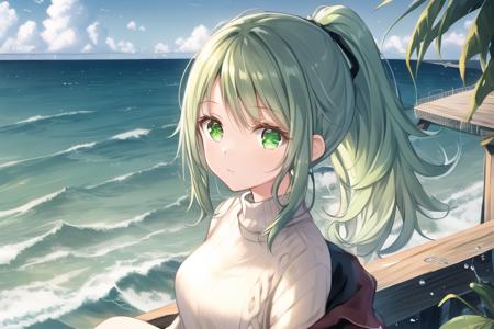 masterpiece, best quality, 1girl, upper body, sitting, swept bangs, medium hair, ponytail, green hair, sweater, fluffy, outdoors, horizon, sky, ocean, water, water world, waves, ripples, , <lora:hikarugami32:0.9>