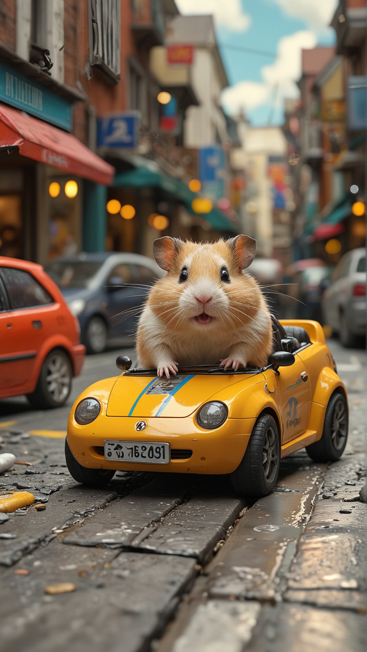 Giant hamster in a toy car, zooming through a busy street (masterpiece, award winning artwork)
many details, extreme detai...