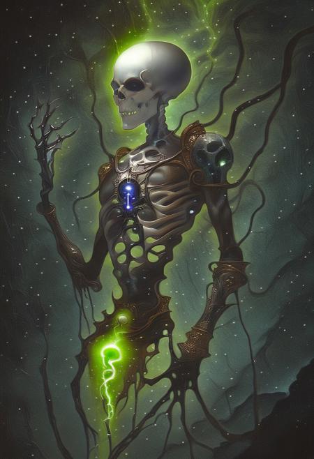 A galaxy consuming nether lich emperor is an immense, ethereal being shrouded in swirling dark energies reminiscent of a black hole. Its form is vaguely humanoid but vastly distorted, with elongated limbs ending in glowing, skeletal hands. Its face is a skull-like visage, with piercing eyes that emit a cold, blue-green light. The emperor is surrounded by a corona of nebulous, nether-infused substance that devours stars and planets, leaving trails of cosmic decay in its wake. A network of vein-like conduits pulses with malevolent power across its shadowy body, hinting at a connection to the very fabric of the nether it controls. Its presence is a cosmic horror that instills dread and awe, as it feeds on the lifeblood of galaxies, growing stronger with every celestial system it consumes.