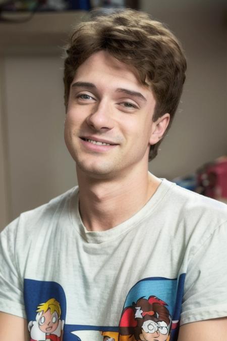 a man in a basement <lora:topherGrace:1>, looking at camera, messy hair, perfect day, 80s, cartoon tee shirt, 8k, raw, uhd, close up, [smiling], perfect face, clear eyes