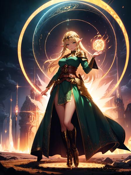 ((extremely detailed illustration)), highres, ((extremely detailed and beautiful background)), (professional illustrasion), (official art), ((Ultra-precise depiction)), ((Ultra-detailed depiction)), (beautiful:1.2 and aesthetic:1.2), beautiful detailed, intricate:1.1, 
(girl), (fantasy elf, beautiful, lady), teenage, pretty, medium, breasts, fair, blue, tsurime, beautiful eyes, beautiful hair, shiny skin, (blonde hair:1.2, long hair, parted bangs), beautiful, detailed, (silver armerd breastplate, green dress), (Golden Circlet:1.2), Leather boots, disdain, dynamic pose, ((glowing magic circle around the girl)), (flame effects,burnning effects,flame ball), 
features a magical square, with the essence of magic in the air and magical runes inscribed on the ground. No characters are present, and the illustration should emphasize the magical atmosphere.,