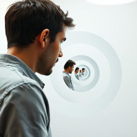 (((infinitely nested regression sequence))), a photo of a man looking at a photo of a man looking at a photo of a man...