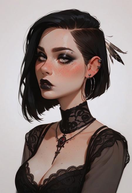 score_9, score_8_up, score_8_up, easynegative, Expressiveh, portrait, close-up, focus on face, 1girl, beautiful, flawless, perfect face, (goth girl, lace outfit, low cut silk blouse), (slut outfit, hair feather, septum hoop piercing, black hair, freckles, blushing, lipgloss), large natural breasts, AS-YoungestV2:2, best quality, thick