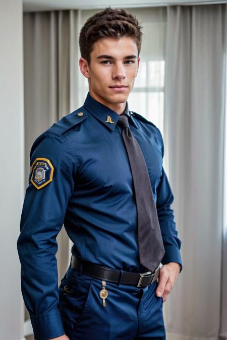 realistic, sfw, an attractive 18 years old fit caucasian boy standing, smug, full body shot, police uniform, <lora:raymonfist_lora:0.7>, raymonfist,
